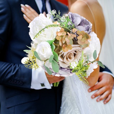 Unique Bargains Wedding Bridal Artificial Silk Ribbon Artificial Flower Bouquet Purple & White 1 Pcs