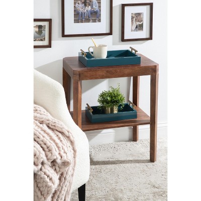Teal and Gold Rectangular Wood Tray Set with Metal Handles