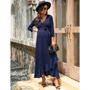 Coolmee Women's Maternity Dress V neck 3/4 Sleeve Ruffle Long Dress High Waist A Line Maxi Dress with Belts - 1 of 4