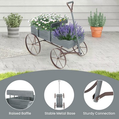 Gray Wooden Wagon Garden Planter with Metal Wheels