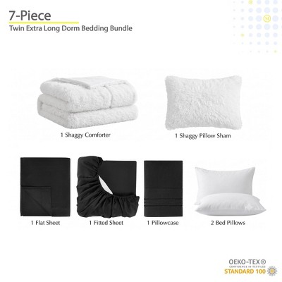 Sweet Home Collections 7PC Campus Ready Dorm Twin XL Plush Shaggy Bedding, Solid Sheet Set, Bed Pillows - Twin Extra Long, White/Black — фото 2