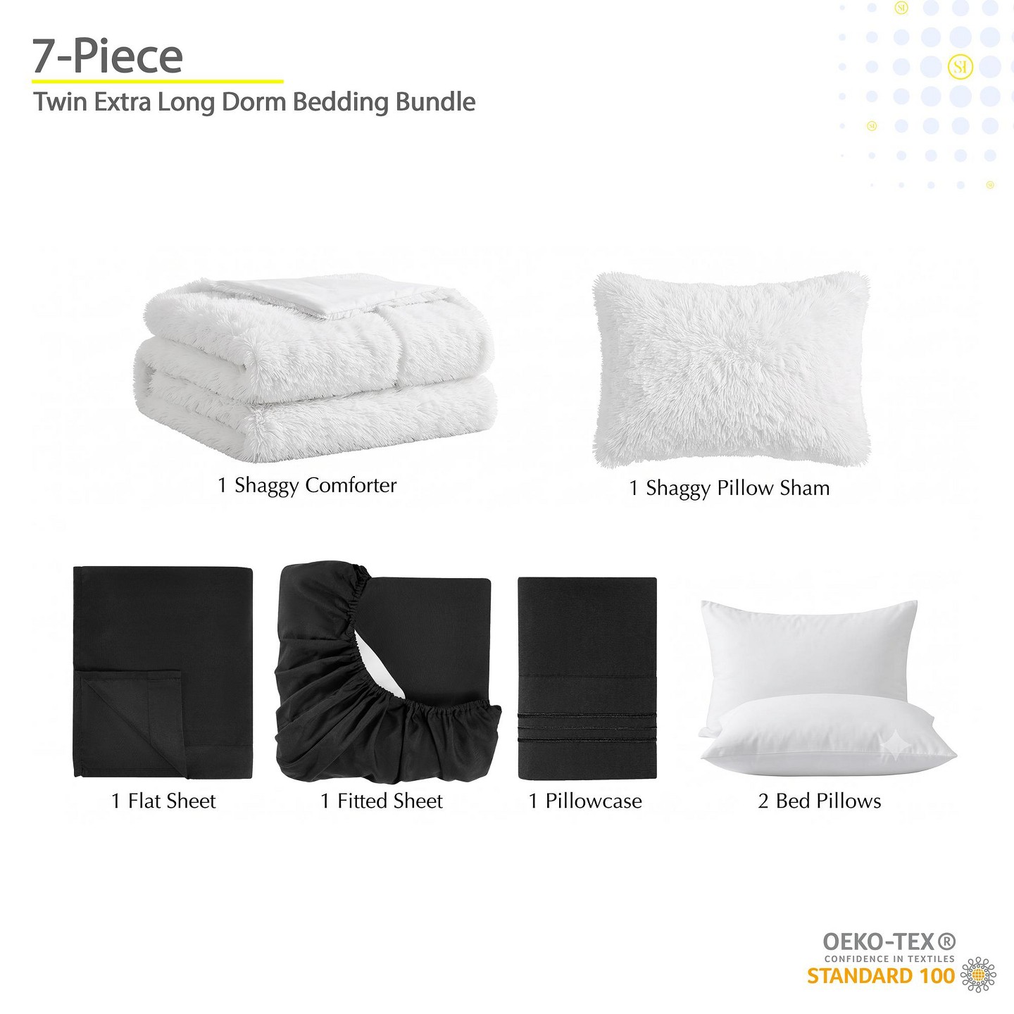 Постельное бельё Sweet Home Collections 7PC Campus Ready Dorm Twin XL Plush Shaggy Bedding, Solid Sheet Set, Bed Pillows - Twin Extra Long, White/Black, цвет: Белый — фото 2