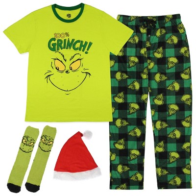 Dr. Seuss The Grinch Men's 100% Grinch 4-Piece Adult Holiday Lounge Sleep Gift Set with Pants T-Shirt Hat Socks (Small) Multicolored
