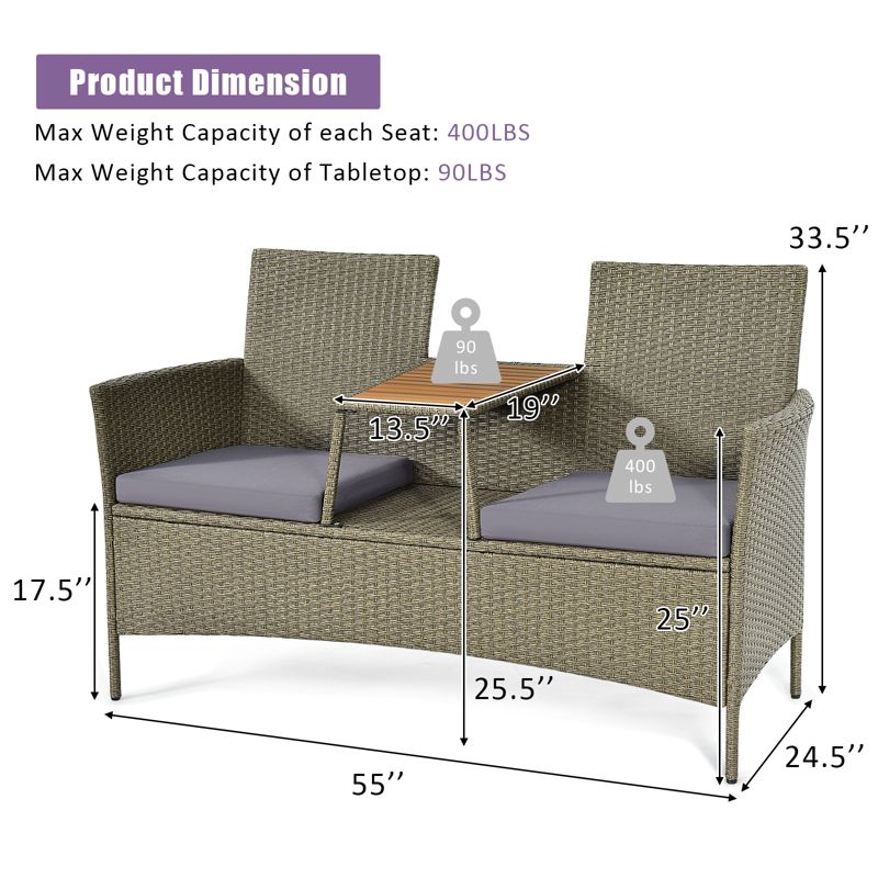 Tangkula Outdoor Patio Rattan Loveseat Sofa Double Conversation Set w/Cushion & Built-in Table, 2 of 11