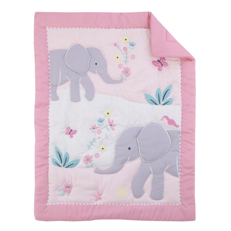 Carter's Floral Elephant Pink and Gray Bird, Butterfly and Flowers 3 Piece Nursery Crib Bedding Set - Comforter, Fitted Crib Sheet, and Crib Skirt, 2 of 8