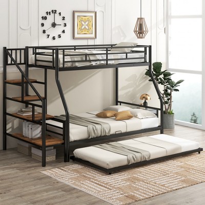 Whisen Twin over Full Size Metal Bunk Bed with Trundle and Storage Staircase