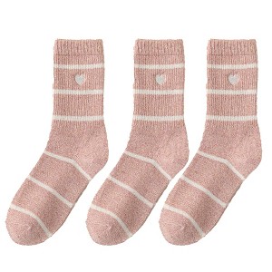 Anna-Kaci Women's 3 Pairs Knit Socks with Striped Pattern Heart Embroidery Ribbed Cuffs Soft Warm Fabric - 1 of 4