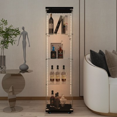 Multi-Purpose Tempered Glass Cabinet with Bluetooth LED Lighting, Lock, and Casters for Easy Mobility – Ideal for Living Spaces and Offices