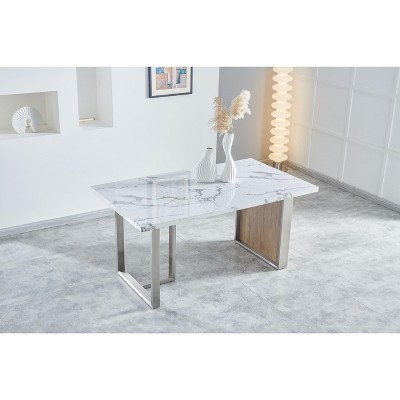 NicBex 63 Inch Rectangle Dining Table with Imitation Marble Tabletop and Stainless Steel Legs for 6 to 8,Living Meeting Room,White