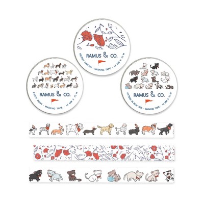 Illustrated Masking Tape by Ramus & Co - 3ct Rolls, Assorted Rolls (Party Dogs + Kittens in Bow Ties + Secret Garden)