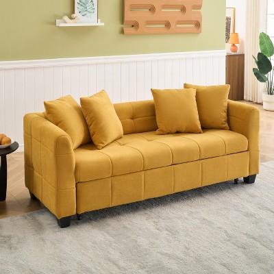 77.9-inch folding dual-Polyesterrpose three-seater yellow flannel sofa that can be Polyesterlled out and turned into a bed,for bedrooms