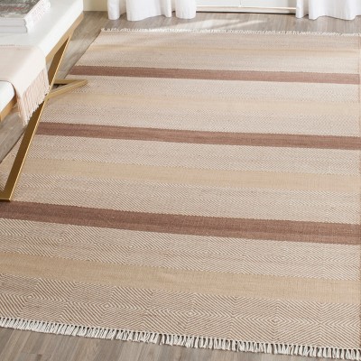 Beige Flat Woven Rectangular Wool and Cotton Area Rug
