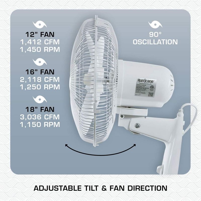 Hurricane Supreme 16 Inch 90 Degree Oscillating Indoor Wall Mounted 3 Speed Plastic Blade Fan with Adjustable Tilt and Pull Chain Control, White, 5 of 7