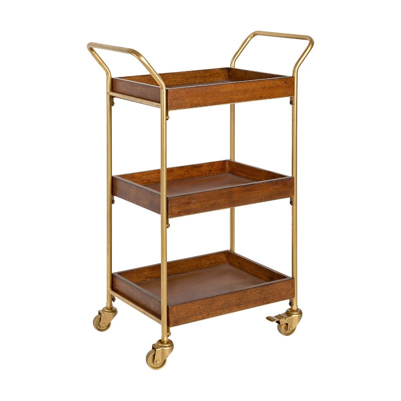 Kate and Laurel Lloyd Rectangle Wood Bar Cart, 23x35, Walnut Brown and Gold, 1 of 6