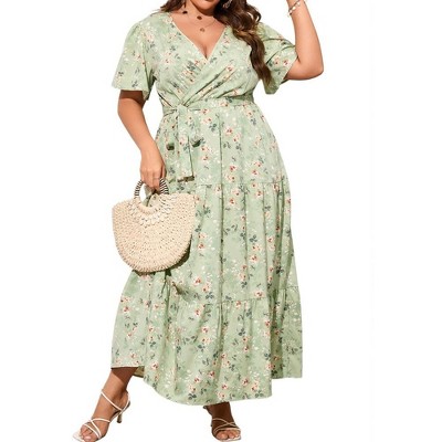 MISSKY Women Plus Size Wrap Dress High Waist Short Sleeve Ruffle Casual Summer Maxi Dresses with Belt