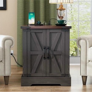 19.6"W Versatile Walnut Sofa Side Table with Barn Doors & Retro Hinges for Bedroom, Living Room, Grey - 1 of 3