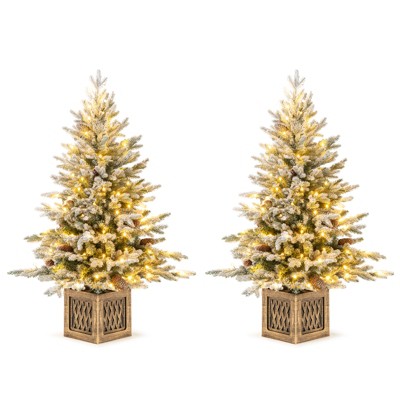 Tangkula 2 Pack 4 FT Pre-lit Artificial Entrance Christmas Tree Faux Snow Flocked Xmas Tree