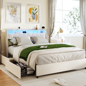 Racxily Queen Bed Frame, Ergonomic Headboard with Outlets, Charger & LED Light - 1 of 4