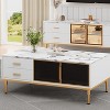 Modern Coffee Table with 4 Drawers and Glass-Front Cabinets, Faux Marble Fluted Panel Design, Rectangular Storage Table - 3 of 4