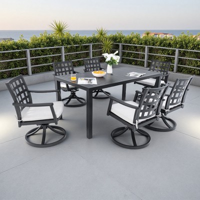 7-Piece Outdoor Patio Aluminum Dining Set with 67" Rectangular Table, 6 Swivel Rocker Chairs, and Umbrella Hole