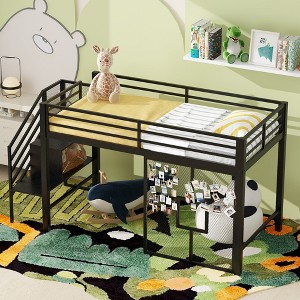 Whisen Elegant Design Twin Size Metal Low Loft Bed with Storage Staircase and Iron Mesh - 1 of 4