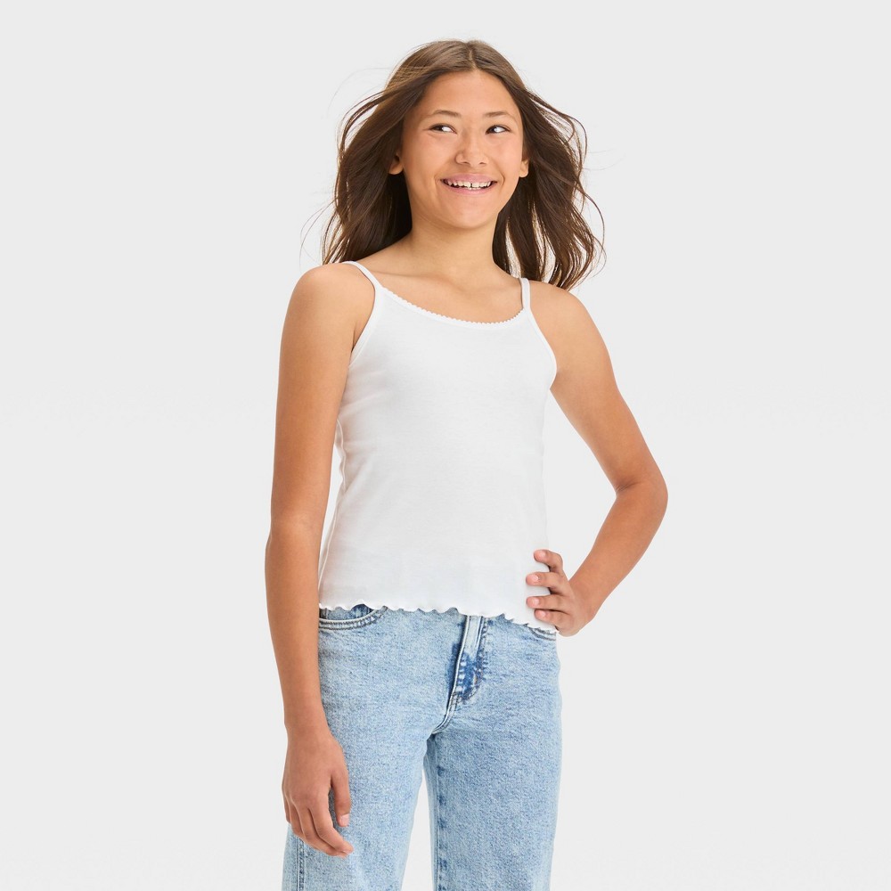 Girls' Ribbed Cami Tank Top - art class™ White XXL: Cotton Blend, Slim Fit, Sleeveless, U Neck, Kids' Camisole