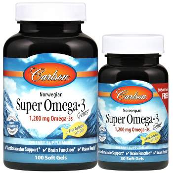 Carlson - Super Omega-3 Gems, Pescatarian, 1200 mg Omega-3s, Norwegian, Wild Caught, Bonus Pack, 100+30 Fish Gelatin Softgels
