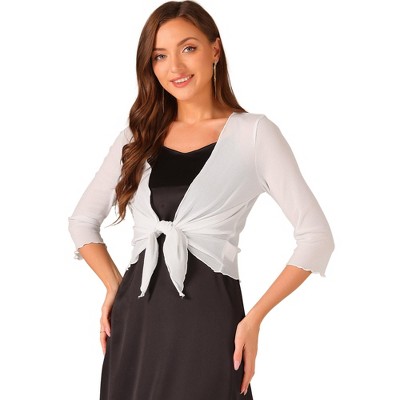 INSPIRE CHIC Women's Tie Front Bolero Shrug 3/4 Sleeve Mesh Glitter Cropped Cardigan