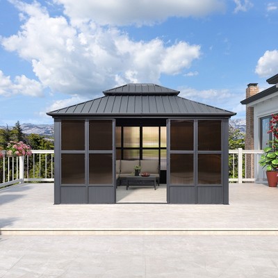 PURPLE LEAF Permanent Hardtop Gazebo Aluminum Frame Gazebo with Galvanized Steel Double Roof, Solarium Backyard Sun Room with Detachable Windows