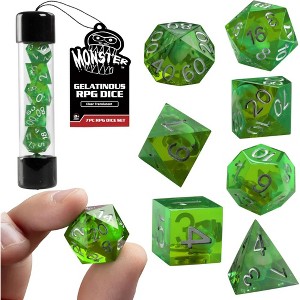 Monster Gelatinous Premium Dice Set- 7 Green Polyhedral Dice Set w Cubes Victim & Treasure Within- Handmade Premium Resin - Compatible w All RPG Games - 1 of 4