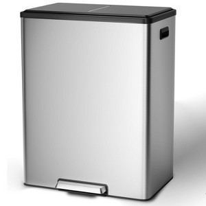 60L 16 Gallon Step Dual Trash Can with Lid, Large Stainless Steel Double Recycling Bin with 2 Removable Wastebaskets - 1 of 4