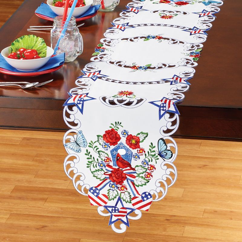 Collections Etc Embroidered Patriotic Birdhouse and Flowers Table Linens Runner, 2 of 4