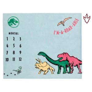 NoJo Welcome to the Universe Baby, Jurassic World I'm-a-Roar-able Dinosaur Super Soft Milestone Baby Blanket, Aqua, Green Red, Yellow - 1 of 4