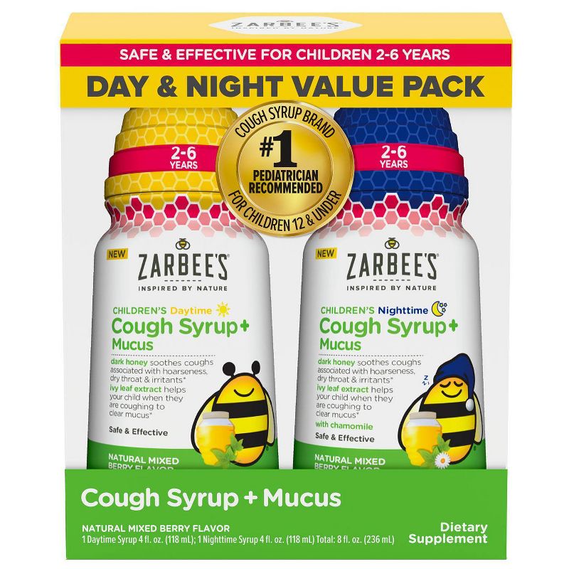 Zarbee&#39;s Kid&#39;s Cough + Mucus Day/Night with Honey, Ivy Leaf, Zinc &#38; Elderberry - Mixed Berry - 8 fl oz, 1 of 11