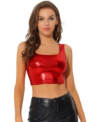 INSPIRE CHIC Women's U Neck Sleeveless Party Clubwear Shiny Metallic Crop Tank Tops