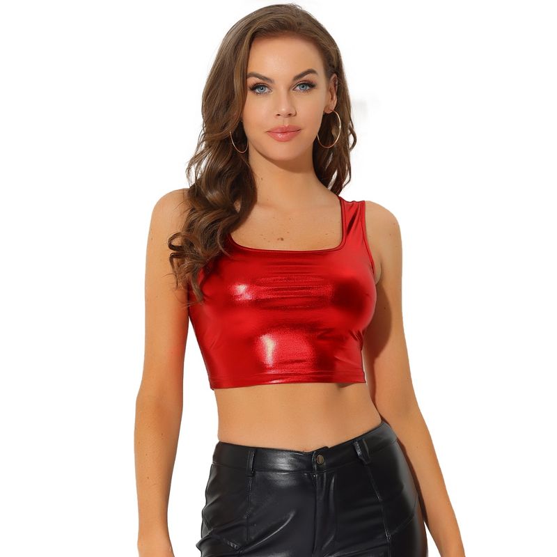 Allegra K Women's U Neck Sleeveless Party Clubwear Shiny Metallic Crop Tank Tops, 1 of 7