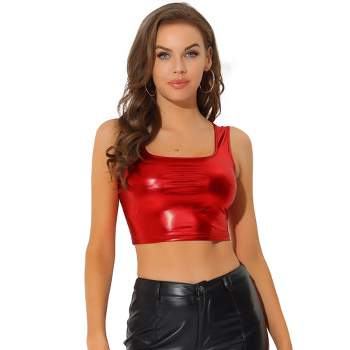 Allegra K Women's U Neck Sleeveless Party Clubwear Shiny Metallic Crop Tank Tops