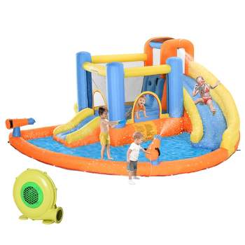 Outsunny Kids Inflatable Water Slide 5-in-1 Bounce House Water Park Jumping Castle with Water Pool, Slide, Climbing Walls, Water Cannons, Air Blower