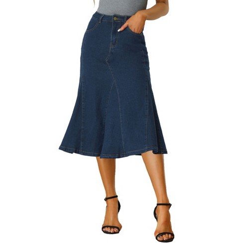 Allegra K Women's Casual Denim High Waisted A-Line Flared Midi Skirts Dark  Blue X-Small