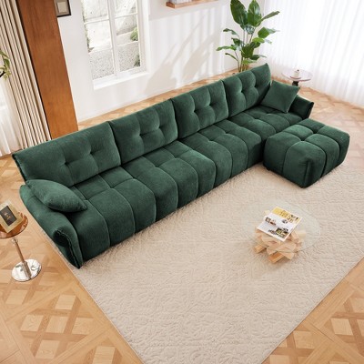 DOMETOUR Modular 4-Seater Chenille Sofa with Ottoman, Solid Wood Frame, High-Resilience Cushions, Green, for Living Room or Office