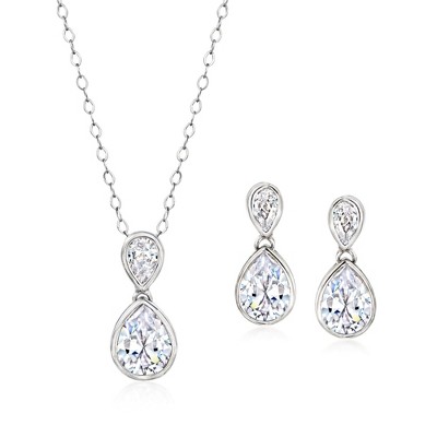 Ross-Simons 3.70 ct. t.w. CZ Jewelry Set: Drop Earrings and Pendant Necklace in Sterling Silver Size 16