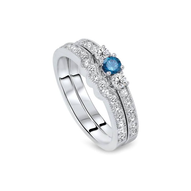Pompeii3 3/4ct Round Blue Diamond 3-Stone Engagement Ring Wedding Set 10K White Gold, 2 of 4