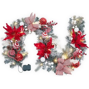 6 Ft Pre-Lit Christmas Garland, 20 LED Lights Christmas Garland for Mantle Staircase Table, Artificial Xmas Indoor Outdoor Decoration, Red Flower - 1 of 4