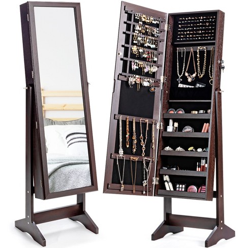 Costway Jewelry Cabinet Stand Mirror Armoire Lockable Organizer Large  Storage Box Brown