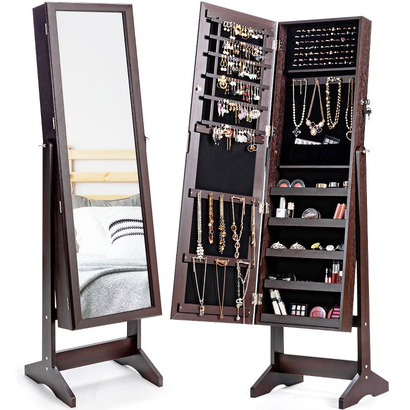 Costway Jewelry Cabinet Stand Mirror Armoire Lockable Organizer Large Storage Box White\Black\Brown, 1 of 11