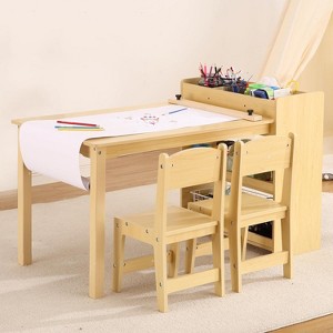 Garvee Kids Art Table with 2 Chairs,3-piece Craft Play Wood Activity Desk with Large Storage Shelves,Wood Activity Desk for Writing Drawing - 1 of 4