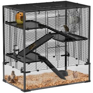 PawHut Deep Glass Bottom Hamster Cage, Hamster Tank with Running Wheel, Hut, Water Bottle, Food Dish, Rat Cage, Black - 1 of 4