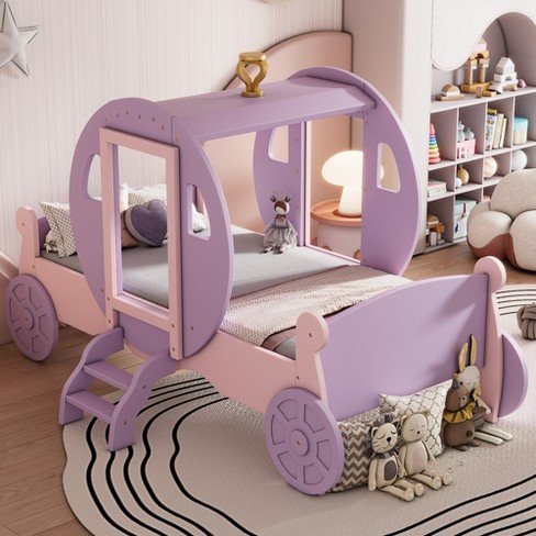 Twin size Princess Carriage Bed with Crown, Wood Platform Car Bed with  Stair, Purple+Pink-ModernLuxe