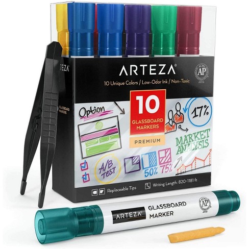 Mirrors 10 Classic and 8 Neon Colors with Low-Odor Ink Whiteboards and Non-Porous Surfaces Arteza Dry Erase Markers for Glass Boards Pack of 18 Erasable Window Markers for Glass 