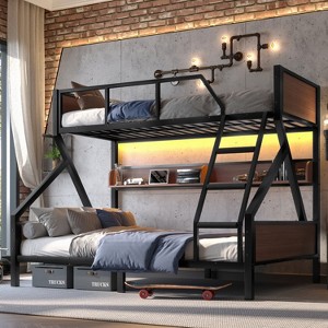 TIRAMISUBEST Twin over Full / Twin XL over Queen Bunk Bed, Kids / Teens Metal Bed Frame with Storage Shelves and LED Light - 1 of 4